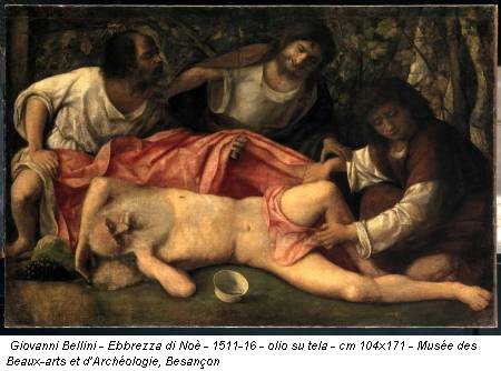 Giovanni Bellini - Ebbrezza di Noè - 1511-16 - olio su tela - cm 104x171 - Mus&eacute;e des Beaux-arts et d’Arch&eacute;ologie, Besançon