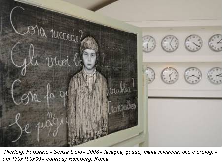 Pierluigi Febbraio - Senza titolo - 2008 - lavagna, gesso, malta micacea, olio e orologi - cm 190x150x69 - courtesy Romberg, Roma