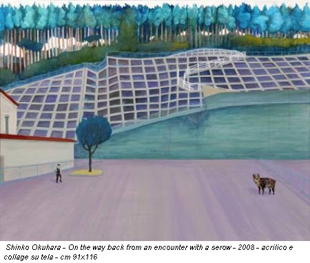 Shinko Okuhara - On the way back from an encounter with a serow - 2008 - acrilico e collage su tela - cm 91x116