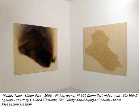 Moataz Nasr - Under Fire - 2008 - dittico, legno, 14.800 fiammiferi, video - cm 160x160x7 ognuno - courtesy Galleria Continua, San Gimignano-Beijing-Le Moulin - photo Alessandro Casagli