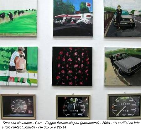 Susanne Neumann - Cars. Viaggio Berlino-Napoli (particolare) - 2008 - 18 acrilici su tela e foto contachilometri - cm 30x30 e 22x14