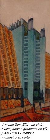 Antonio Sant’Elia - La città nuova, casa a gradinata su più piani - 1914 - matita e inchiostro su carta