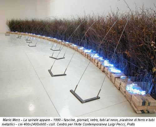 Mario Merz - La spirale appare - 1990 - fascine, giornali, vetro, tubi al neon, piastrine di ferro e tubi metallici - cm 400x2400x600 - coll. Centro per l'Arte Contemporanea Luigi Pecci, Prato