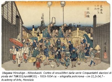 Utagawa Hiroshige - Nihonbashi. Corteo di vessilliferi dalla serie Cinquantatré stazioni di posta del Tōkaidō - 1833-1834 ca. - silografia policroma - cm 22,2x34,7 - Academy of Arts, Honolulu