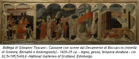 Bottega di Giovanni Toscani - Cassone con scene dal Decameron di Boccaccio (novella di Ginevra, Bernabò e Ambrogiuolo) - 1420-25 ca. - legno, gesso, tempera doratura - cm 82,5x195,5x68,6 -National Galleries of Scotland, Edinburgo
