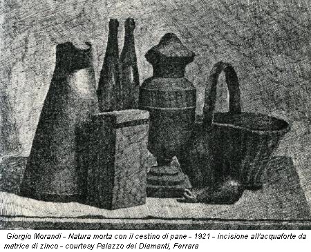 Giorgio Morandi - Natura morta con il cestino di pane - 1921 - incisione all'acquaforte da matrice di zinco - courtesy Palazzo dei Diamanti, Ferrara
