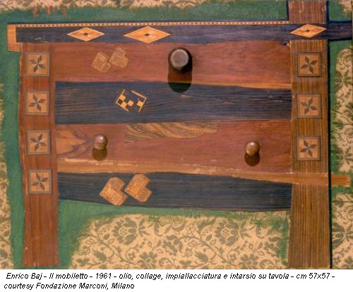 Enrico Baj - Il mobiletto - 1961 - olio, collage, impiallacciatura e intarsio su tavola - cm 57x57 - courtesy Fondazione Marconi, Milano