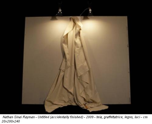 Nathan Sinai Rayman - Untitled (accidentally finished) - 2009 - tela, graffettatrice, legno, luci - cm 20x200x240
