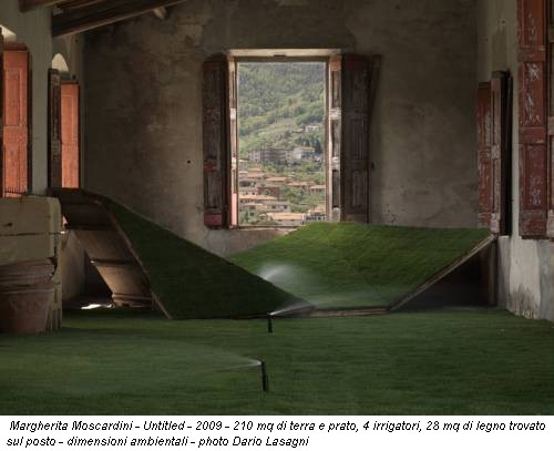 Margherita Moscardini - Untitled - 2009 - 210 mq di terra e prato, 4 irrigatori, 28 mq di legno trovato sul posto - dimensioni ambientali - photo Dario Lasagni