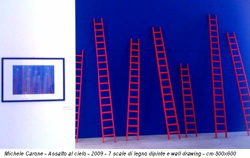 Michele Carone - Assalto al cielo - 2009 - 7 scale di legno dipinte e wall drawing - cm 800x600
