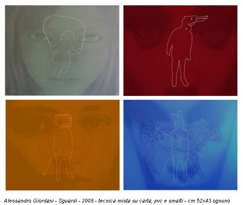 Alessandro Giordani - Sguardi - 2008 - tecnica mista su carta, pvc e smalti - cm 52x43 ognuno