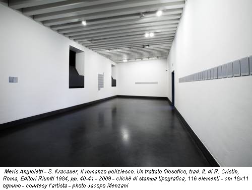 Meris Angioletti - S. Kracauer, Il romanzo poliziesco. Un trattato filosofico, trad. it. di R. Cristin, Roma, Editori Riuniti 1984, pp. 40-41 - 2009 - clich&eacute; di stampa tipografica, 116 elementi - cm 18x11 ognuno - courtesy l’artista - photo Jacopo Menzani