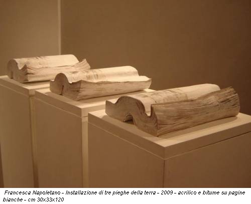 Francesca Napoletano - Installazione di tre pieghe della terra - 2009 - acrilico e bitume su pagine bianche - cm 30x33x120