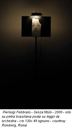 Pierluigi Febbraio - Senza titolo - 2009 - olio su pietra brasiliana posta su leggii da orchestra - cm 130x 49 ognuno - courtesy Romberg, Roma
