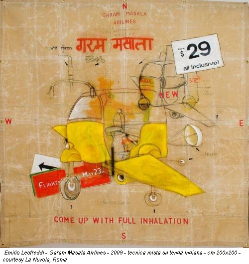Emilio Leofreddi - Garam Masala Airlines - 2009 - tecnica mista su tenda indiana - cm 200x200 - courtesy La Nuvola, Roma