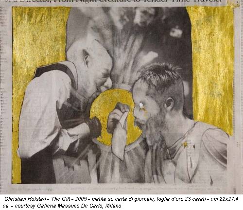 Christian Holstad - The Gift - 2009 - matita su carta di giornale, foglia d’oro 23 carati - cm 22x27,4 ca. - courtesy Galleria Massimo De Carlo, Milano