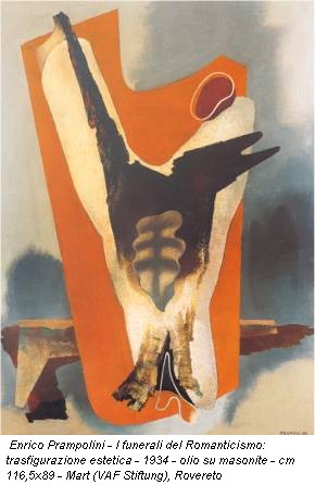 Enrico Prampolini - I funerali del Romanticismo: trasfigurazione estetica - 1934 - olio su masonite - cm 116,5x89 - Mart (VAF Stiftung), Rovereto
