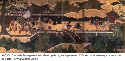 Artista di scuola Hasegawa - Namban byobu - prima parte del XVII sec. - inchiostro, colore e oro su carta - City Museum, Kobe