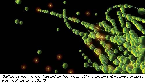 Giuliana Cunéaz - Nanoparticles and dandelion clock - 2008 - animazione 3D e colore a smalto su schermo al plasma - cm 54x95