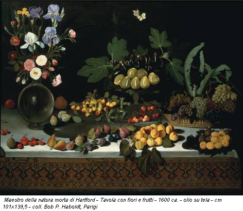 Maestro della natura morta di Hartford - Tavola con fiori e frutti - 1600 ca. - olio su tela - cm 101x139,5 - coll. Bob P. Haboldt, Parigi