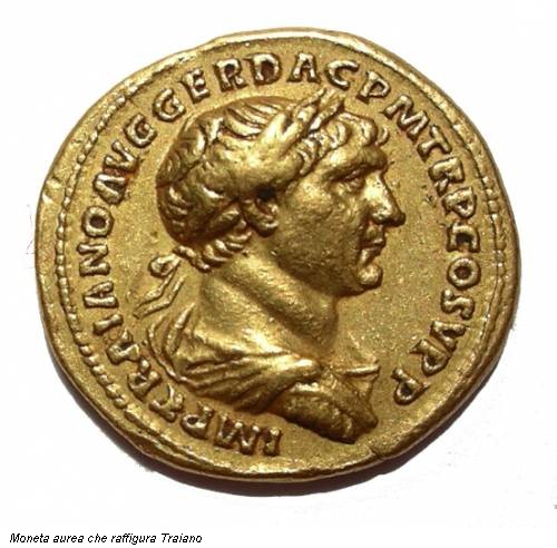 Moneta aurea che raffigura Traiano