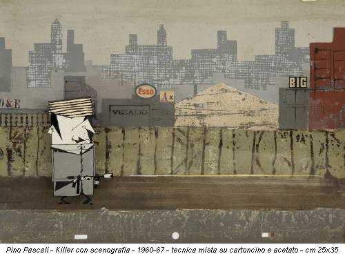 Pino Pascali - Killer con scenografia - 1960-67 - tecnica mista su cartoncino e acetato - cm 25x35