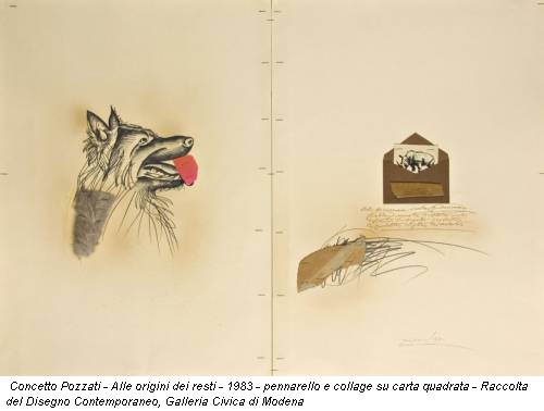 Concetto Pozzati - Alle origini dei resti - 1983 - pennarello e collage su carta quadrata - Raccolta del Disegno Contemporaneo, Galleria Civica di Modena
