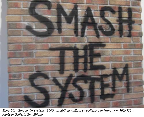 Marc Bijl - Smash the system - 2003 - graffiti su mattoni su palizzata in legno - cm 160x123 - courtesy Galleria Six, Milano