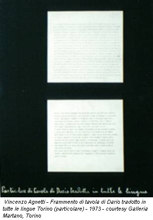 Vincenzo Agnetti - Frammento di tavola di Dario tradotto in tutte le lingue Torino (particolare) - 1973 - courtesy Galleria Martano, Torino