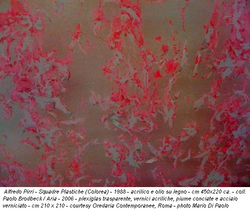 Alfredo Pirri - Squadre Plastiche (Colorea) - 1988 - acrilico e olio su legno - cm 450x220 ca. - coll. Paolo Brodbeck / Aria - 2006 - plexiglas trasparente, vernici acriliche, piume conciate e acciaio verniciato - cm 210 x 210 - courtesy Oredaria Contemporanee, Roma - photo Mario Di Paolo