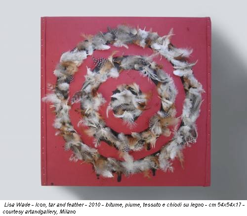 Lisa Wade - Icon, tar and feather - 2010 - bitume, piume, tessuto e chiodi su legno - cm 54x54x17 - courtesy artandgallery, Milano