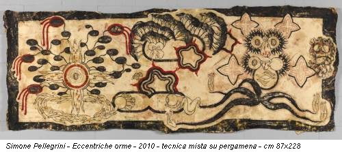 Simone Pellegrini - Eccentriche orme - 2010 - tecnica mista su pergamena - cm 87x228