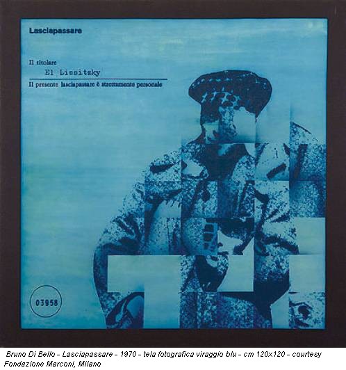 Bruno Di Bello - Lasciapassare - 1970 - tela fotografica viraggio blu - cm 120x120 - courtesy Fondazione Marconi, Milano
