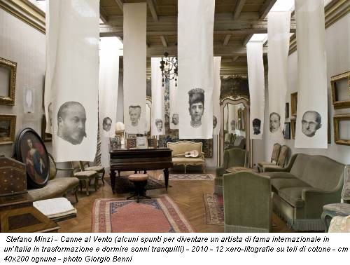Stefano Minzi - Canne al Vento (alcuni spunti per diventare un artista di fama internazionale in un’Italia in trasformazione e dormire sonni tranquilli) - 2010 - 12 xero-litografie su teli di cotone - cm 40x200 ognuna - photo Giorgio Benni