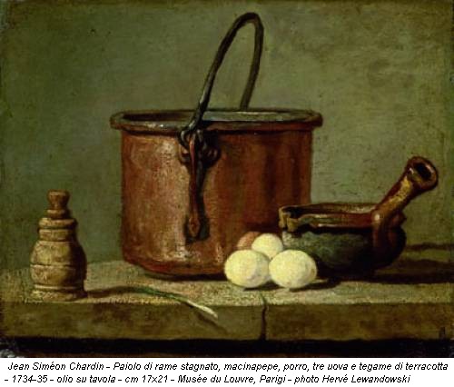 Jean Siméon Chardin - Paiolo di rame stagnato, macinapepe, porro, tre uova e tegame di terracotta - 1734-35 - olio su tavola - cm 17x21 - Musée du Louvre, Parigi - photo Hervé Lewandowski