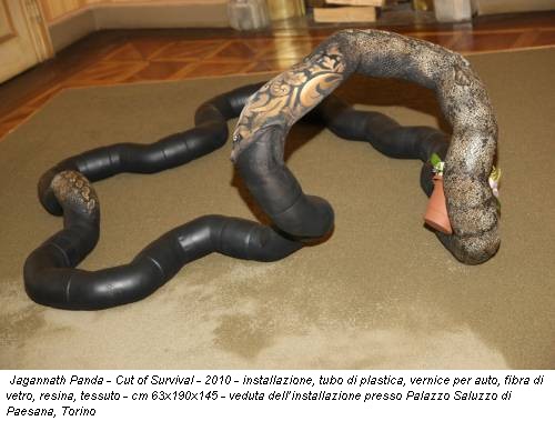 Jagannath Panda - Cut of Survival - 2010 - installazione, tubo di plastica, vernice per auto, fibra di vetro, resina, tessuto - cm 63x190x145 - veduta dell’installazione presso Palazzo Saluzzo di Paesana, Torino