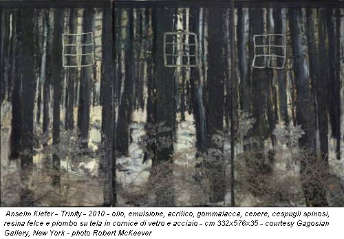 Anselm Kiefer - Trinity - 2010 - olio, emulsione, acrilico, gommalacca, cenere, cespugli spinosi, resina felce e piombo su tela in cornice di vetro e acciaio - cm 332x576x35 - courtesy Gagosian Gallery, New York - photo Robert McKeever