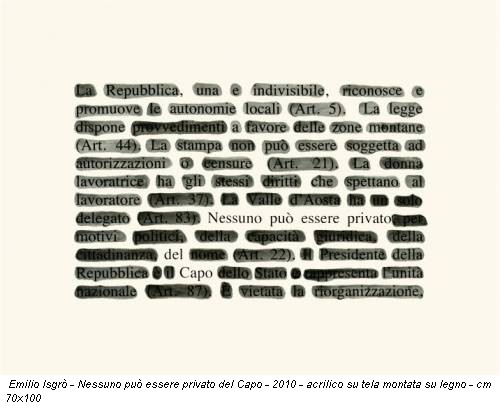 Emilio Isgrò - Nessuno può essere privato del Capo - 2010 - acrilico su tela montata su legno - cm 70x100
