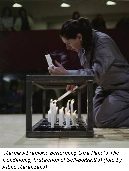 Marina Abramovic performing Gina Pane’s The Conditionig, first action of Self-portrait(s) (foto by Attilio Maranzano)