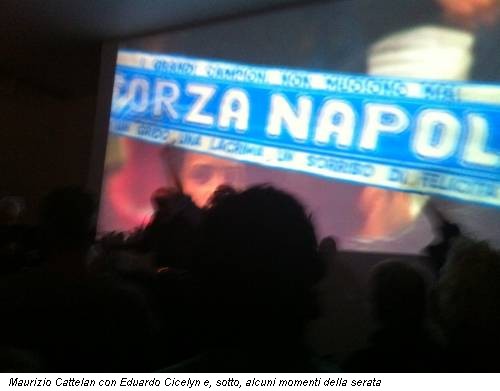 Maurizio Cattelan con Eduardo Cicelyn e, sotto, alcuni momenti della serata