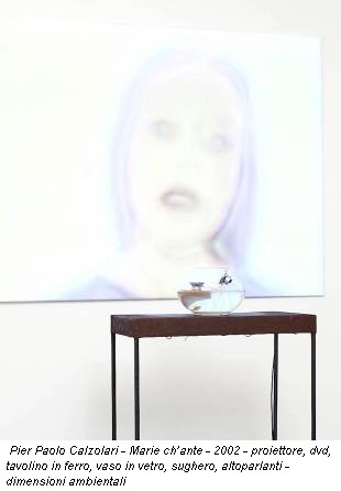 Pier Paolo Calzolari - Marie ch’ante - 2002 - proiettore, dvd, tavolino in ferro, vaso in vetro, sughero, altoparlanti - dimensioni ambientali