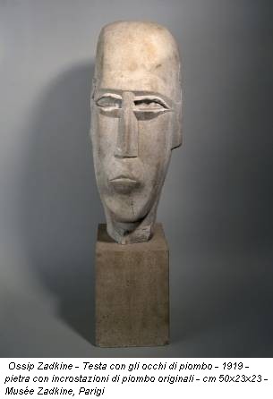 Ossip Zadkine - Testa con gli occhi di piombo - 1919 - pietra con incrostazioni di piombo originali - cm 50x23x23 - Musée Zadkine, Parigi