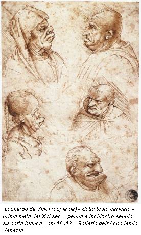 Leonardo da Vinci (copia da) - Sette teste caricate - prima metà del XVI sec. - penna e inchiostro seppia su carta bianca - cm 18x12 - Galleria dell’Accademia, Venezia