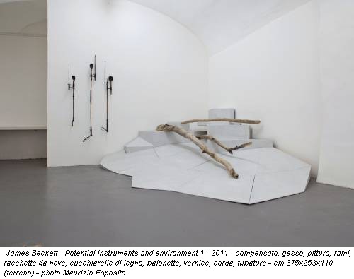 James Beckett - Potential instruments and environment 1 - 2011 - compensato, gesso, pittura, rami, racchette da neve, cucchiarelle di legno, baionette, vernice, corda, tubature - cm 375x253x110 (terreno) - photo Maurizio Esposito