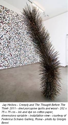Jay Heikes - Creeply and The Thought Before The Thief- 2011 - died porcupine quills and wood - 202 x 75 x 75 cm - ink and dye on cotton paper, dimensions variable - installation view - courtesy of Federica Schiavo Gallery, Roma - photo by Giorgio Benni