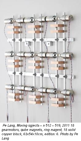 Pe Lang, Moving ogjects – n 512 – 519, 2011 18 gearmotors, qube magnets, ring magent, 18 solid copper block, 63x54x10cm, edition: 6. Photo by Pe Lang
