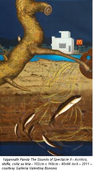 Yagannath Panda The Sounds of Spectacle II - Acrilico, stoffa, colla su tela - 102cm x 168cm - 40x66 inch – 2011 – courtesy Galleria Valentina Bonomo