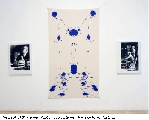 HIDE (2010) Blue Screen Paint on Canvas, Screen-Prints on Panel (Triptych)
