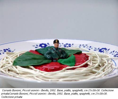 Corrado Bonomi, Piccoli uomini - Benito, 2002. Base, piatto, spaghetti, cm 21x30x30. Collezione privataCorrado Bonomi, Piccoli uomini - Benito, 2002. Base, piatto, spaghetti, cm 21x30x30. Collezione privata