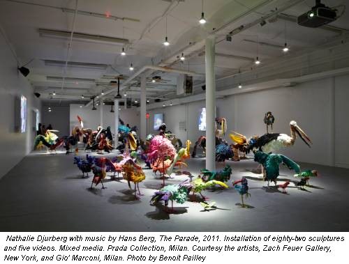Nathalie Djurberg with music by Hans Berg, The Parade, 2011. Installation of eighty-two sculptures and five videos. Mixed media. Prada Collection, Milan. Courtesy the artists, Zach Feuer Gallery, New York, and Gio' Marconi, Milan. Photo by Benoit Pailley